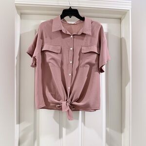 Easel Dusty Pink Button-Down Tie-Front Shirt